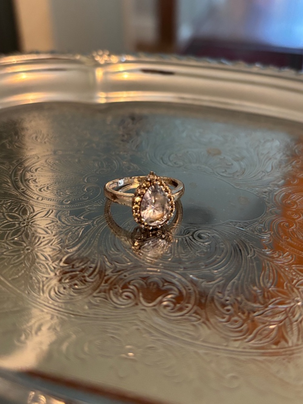Silver Pear-Cut Halo Ring with Blue Center Stone